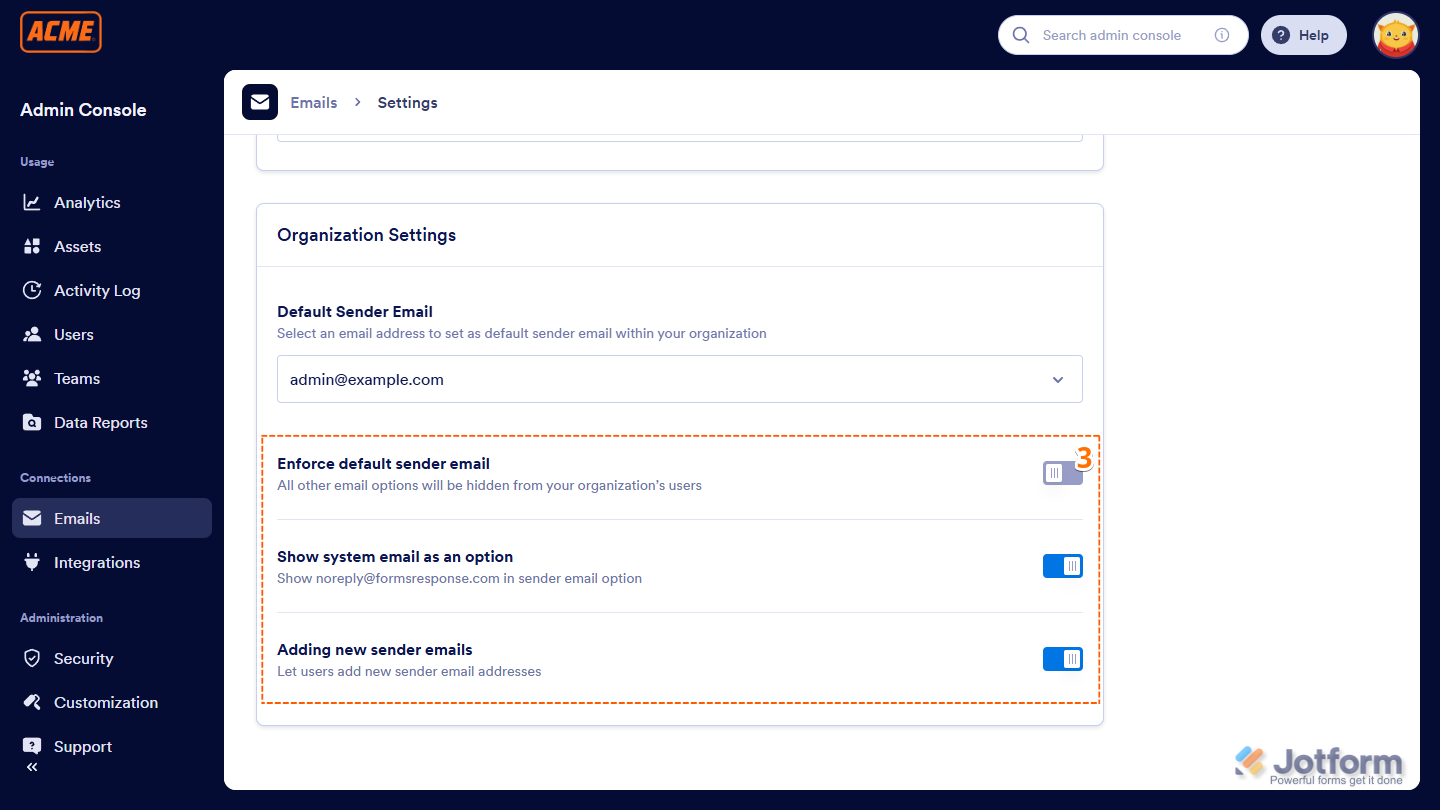 Other Organization Settings in the Admin Console of the Jotform Enterprise Server