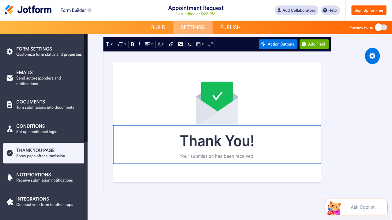 Jotform Form Builder editing the thank-you page displayed after a successful appointment request submission