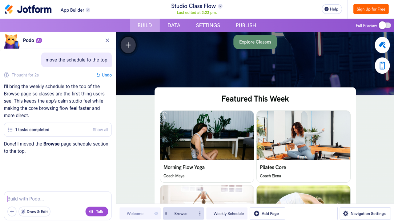 Jotform App Builder showing AI assistant confirmation that the weekly schedule was moved to the top of the Browse page