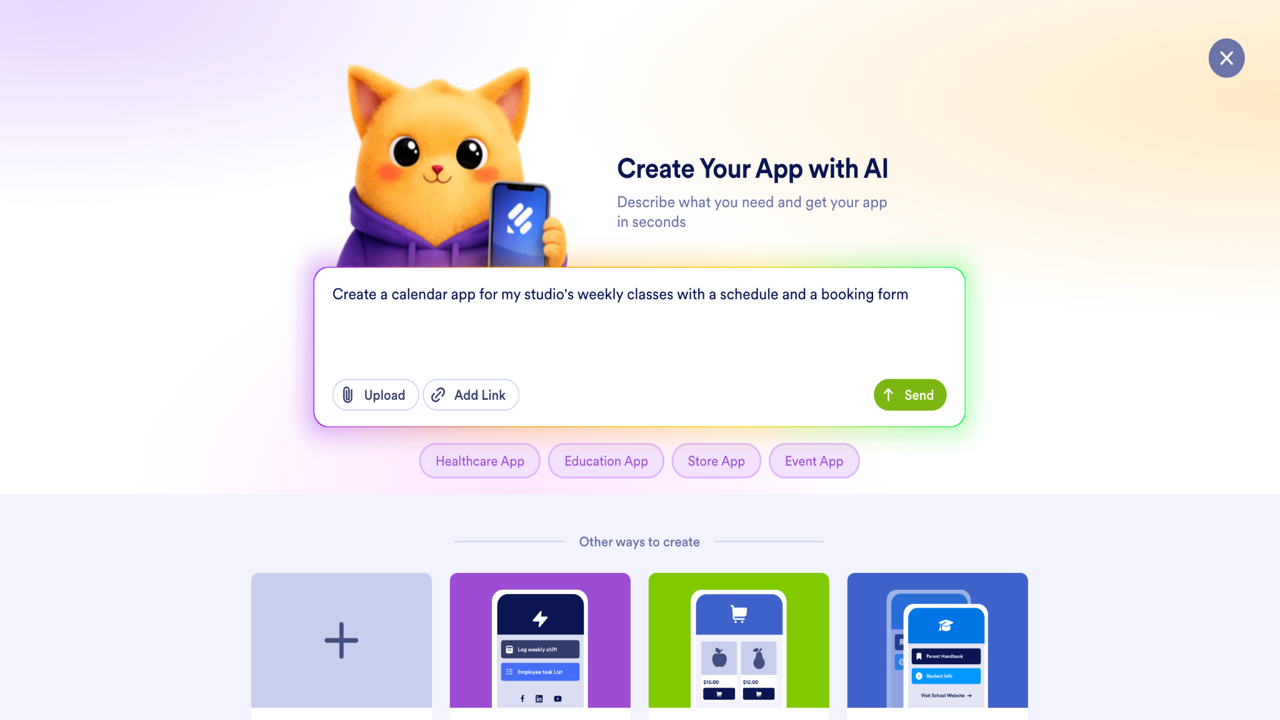 Jotform AI app builder prompt asking to create a calendar app for a studio's weekly classes with a schedule and booking form