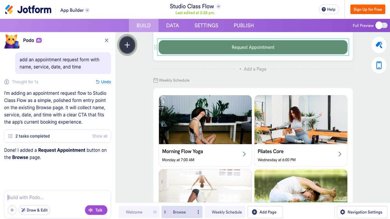 Jotform App Builder showing the Studio Class Flow browse page with a newly added “Request Appointment” button above the weekly class schedule