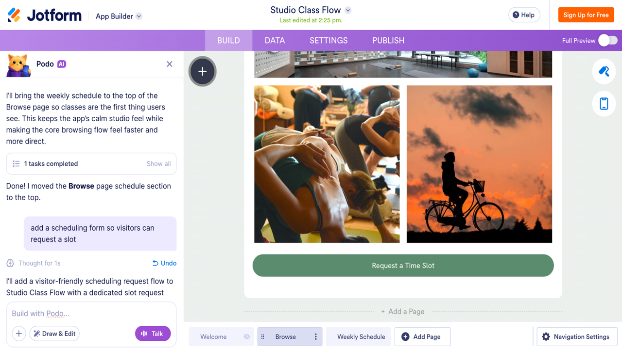 Studio Class Flow app displaying a new "Request a Time Slot" button added beneath the class schedule