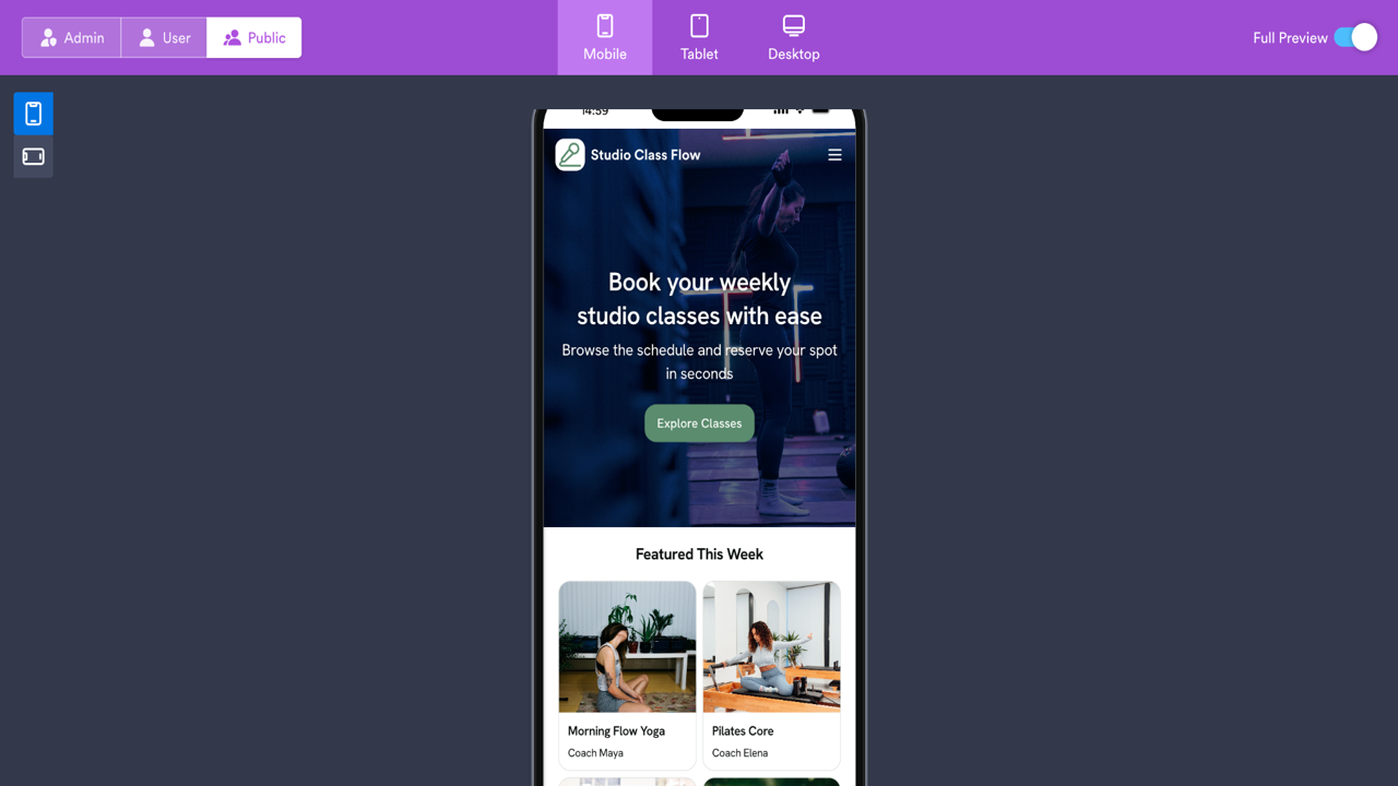 Mobile preview of the Studio Class Flow app featuring a hero banner, featured classes, and navigation options