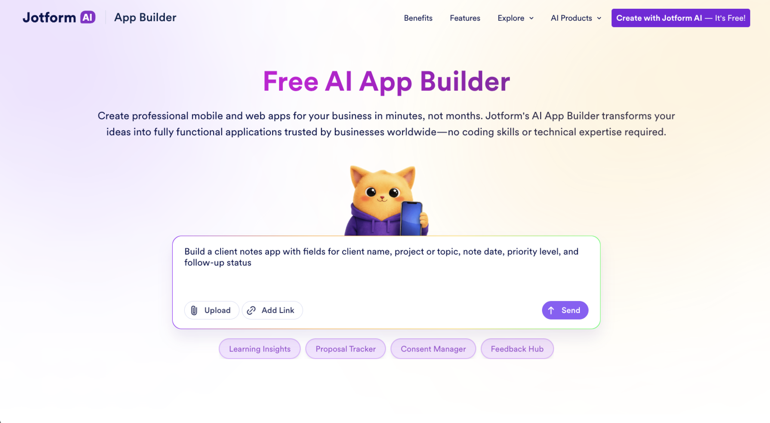 Jotform AI App Builder Landing Page Prompt Box