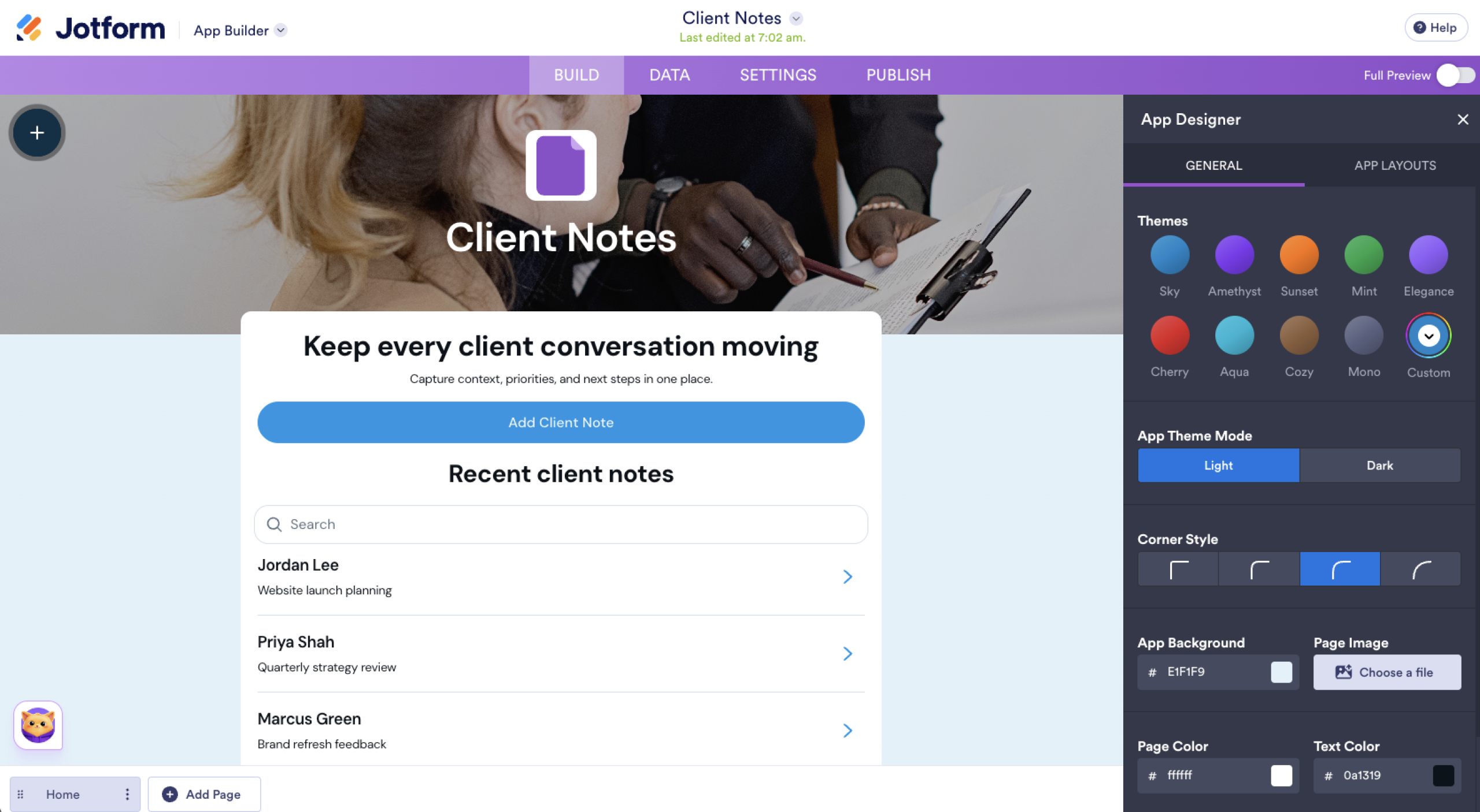 Jotform App Builder Interface App Designer Menu