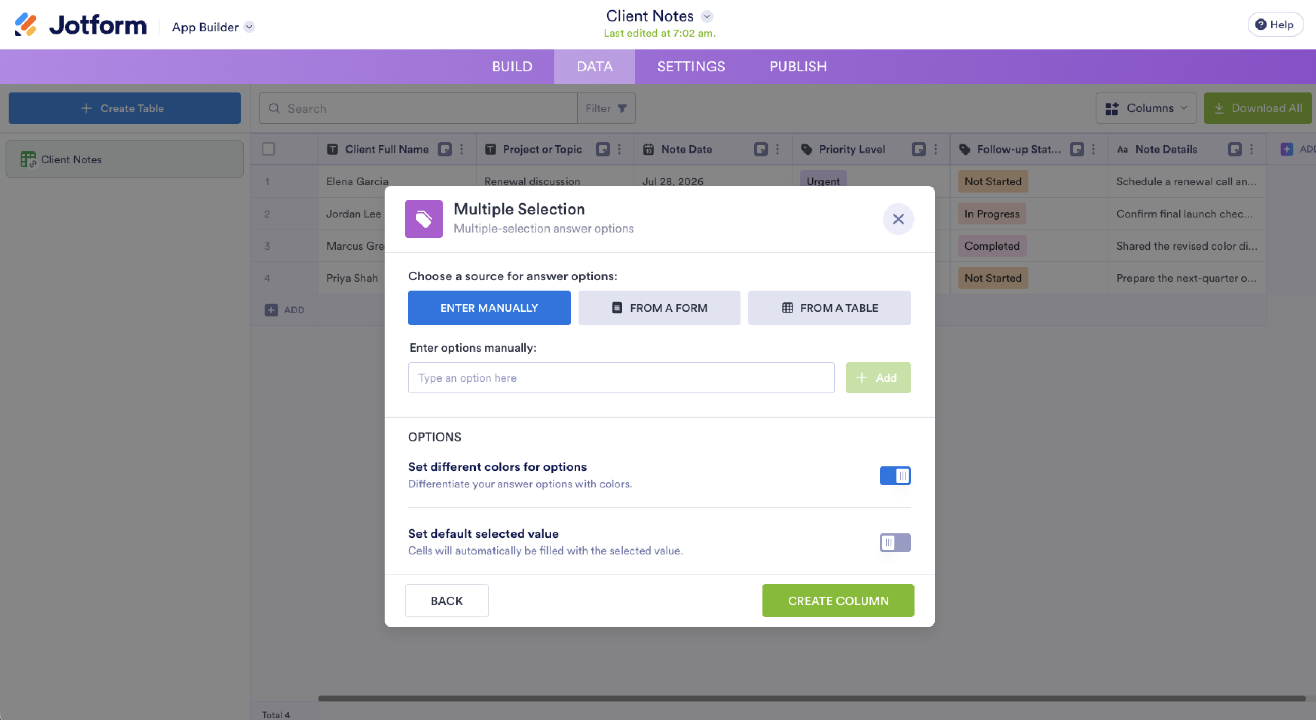 Jotform App Builder Data Tab Multiple Selection Column Configuration