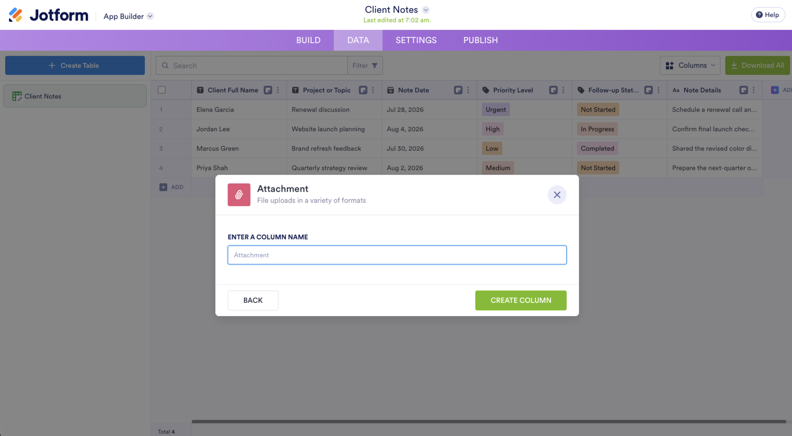 Jotform App Builder Data Tab Attachment Column Configuration
