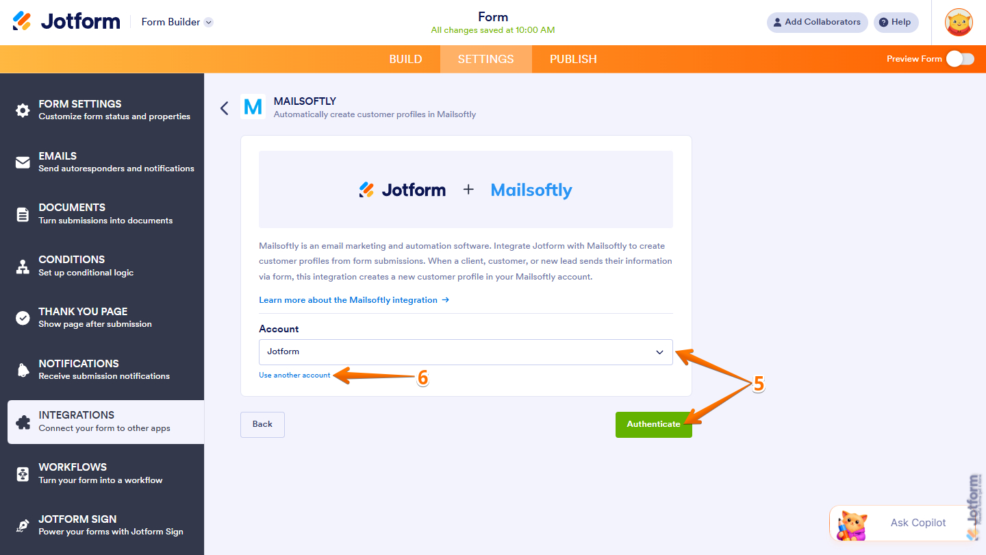 Account dropdown menu in the Mailsoftly integration settings