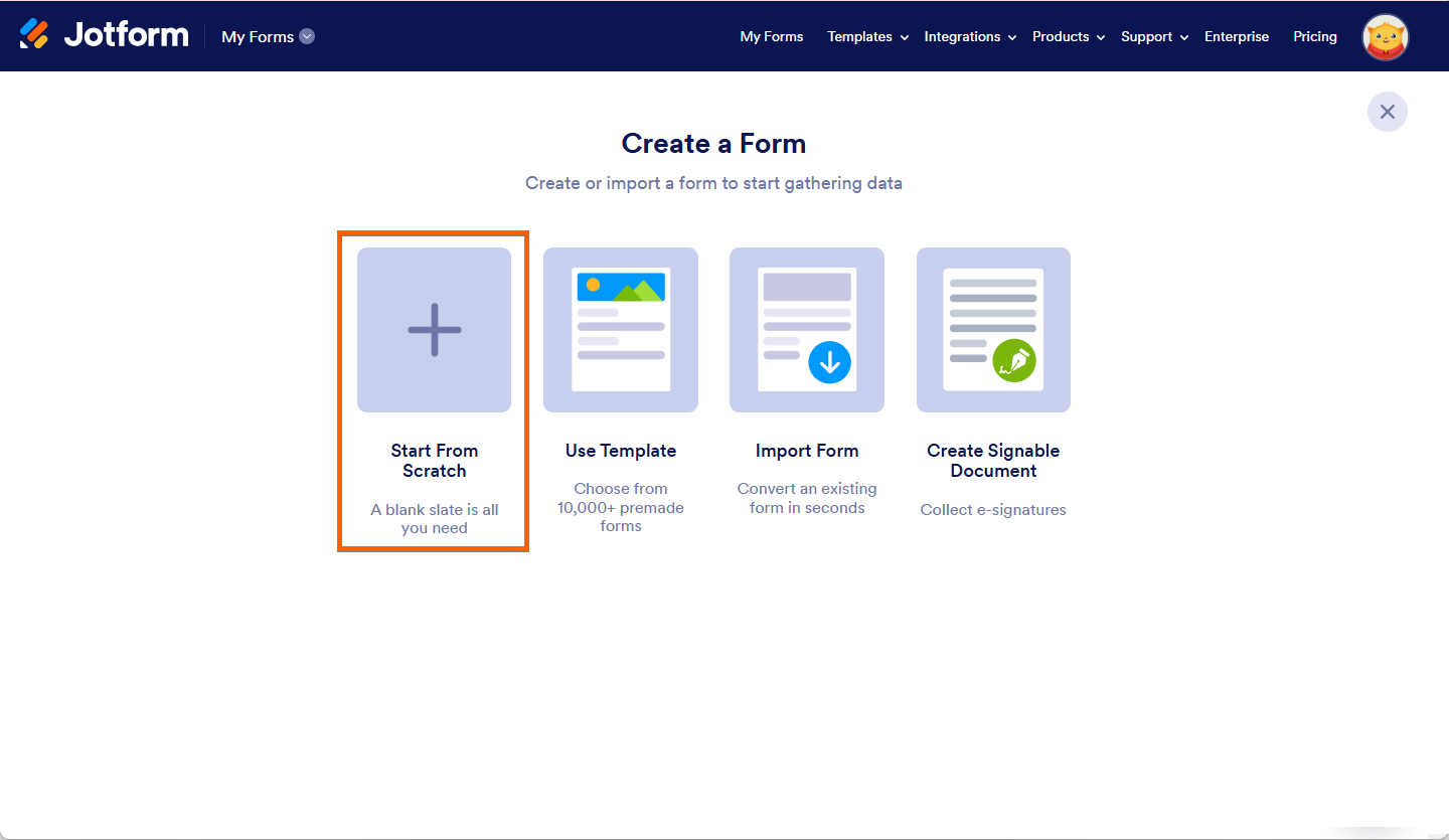 Start From Scratch of Create a Form in Jotform