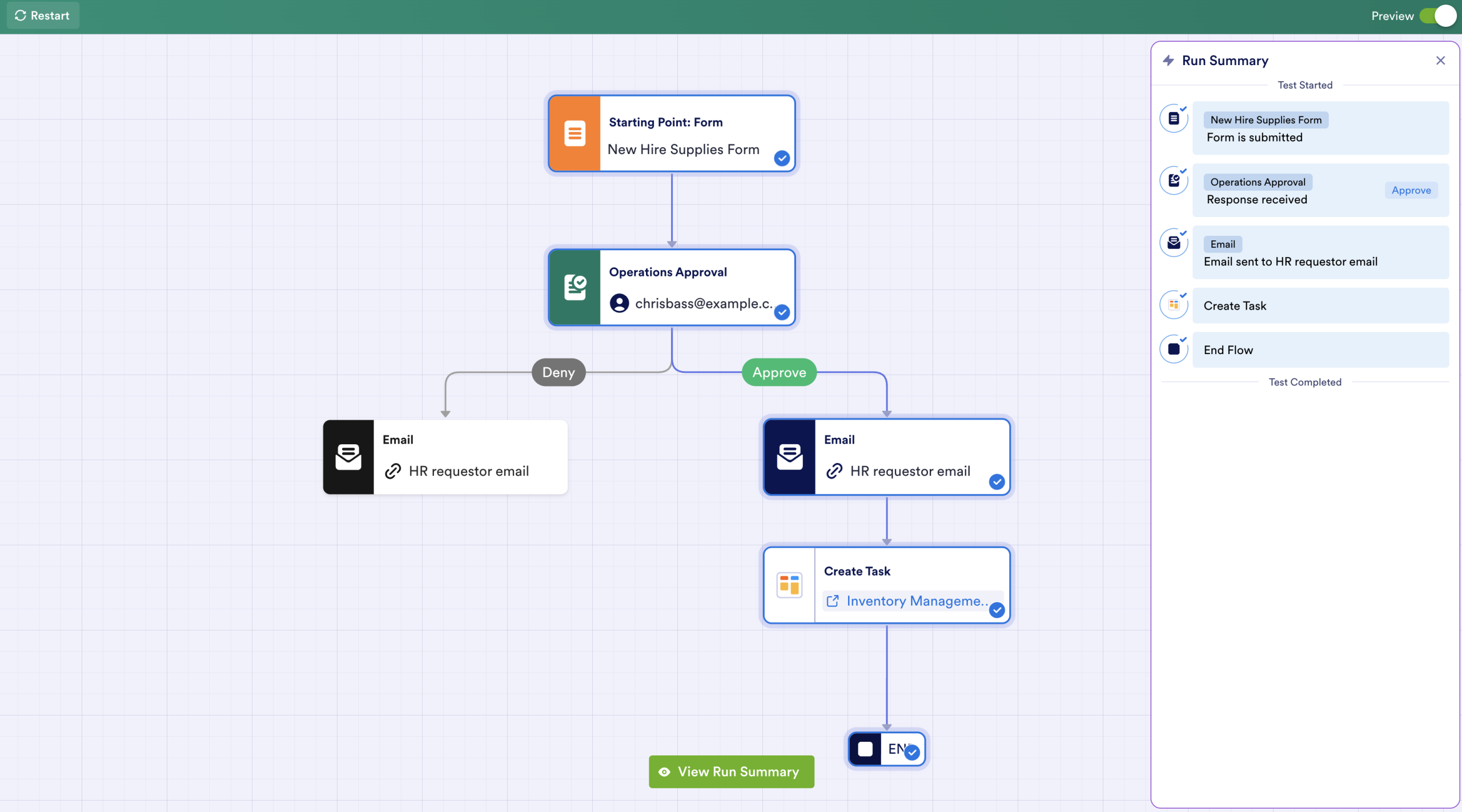 Viewing the results of the Run Summary in Jotform Workflow Builder