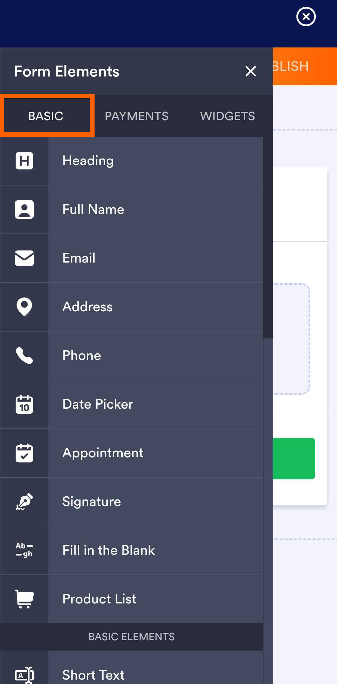 Basic Tab of the Form Elements in Jotform Mobile Forms