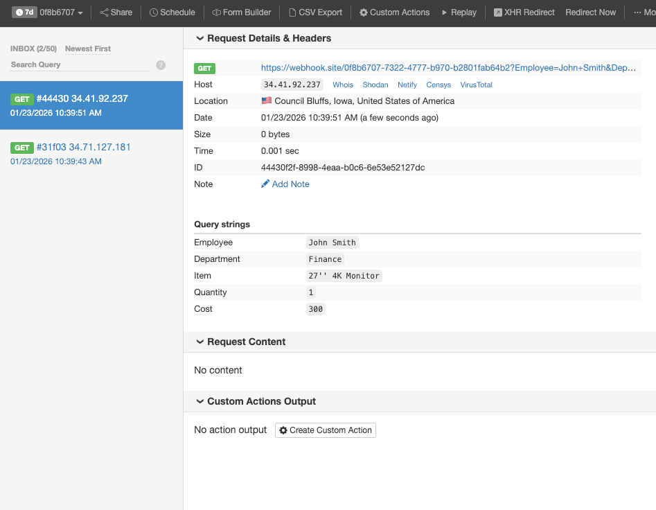 Viewing the approved data in Webhook