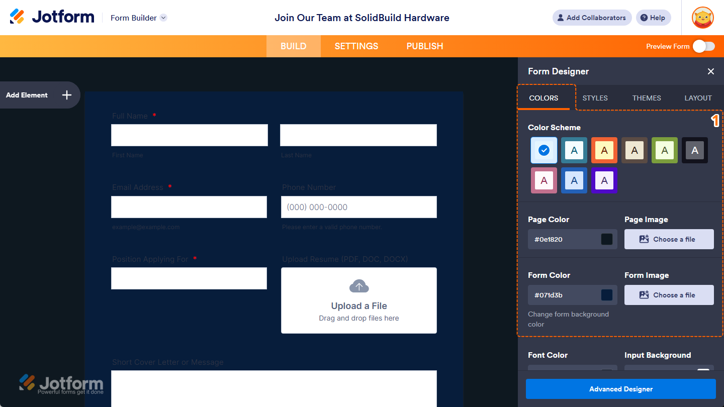 Different color settings under the Colors tab of the Form Designer in Jotform Form Builder