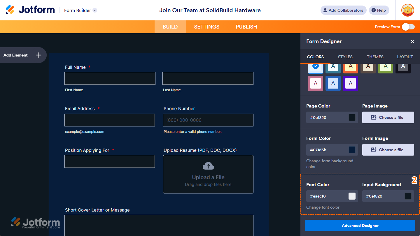 Other color settings under the Colors tab of the Form Designer in Jotform Form Builder