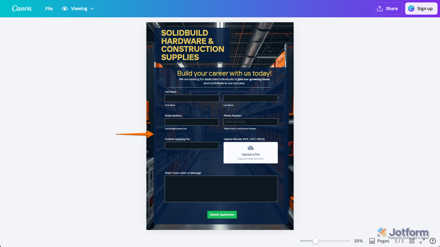 Jotform Demo Form with color changes in Canva design