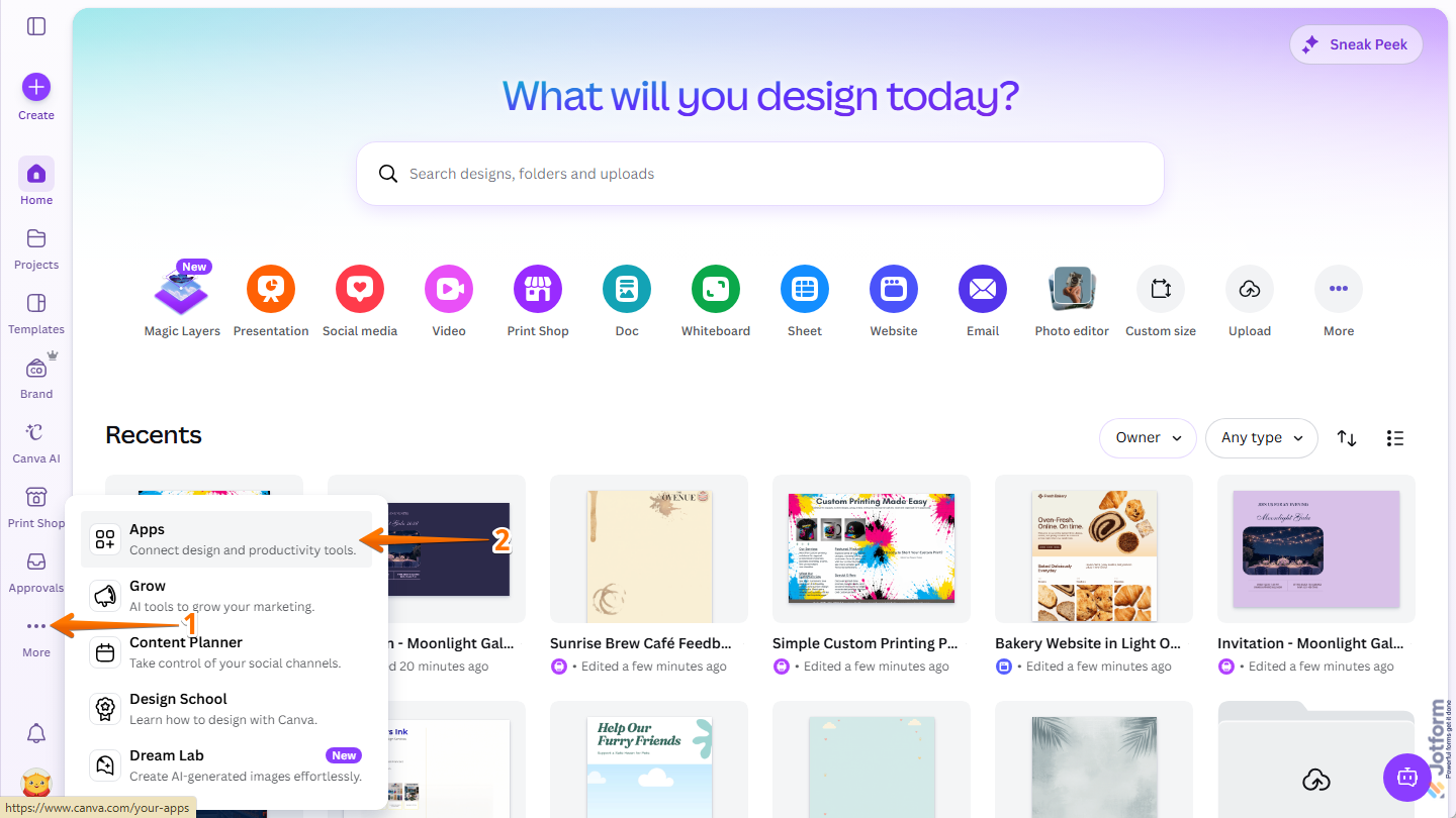 Apps option in the More menu in Canva