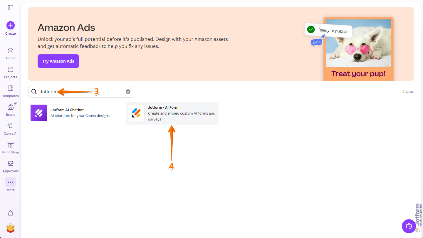 Jotform AI Form app on the Apps page in Canva