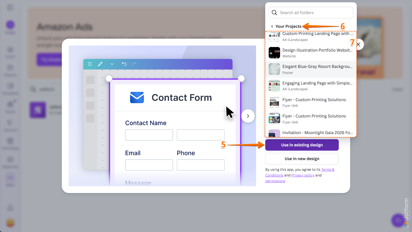 Use in Existing Design options in the Jotform Canva App window on the Apps page in Canva