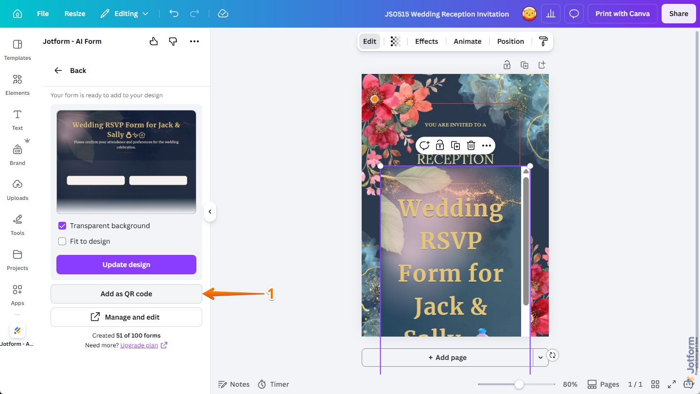 Add as QR Code button in the Jotform Canva App in Canva Design Editor