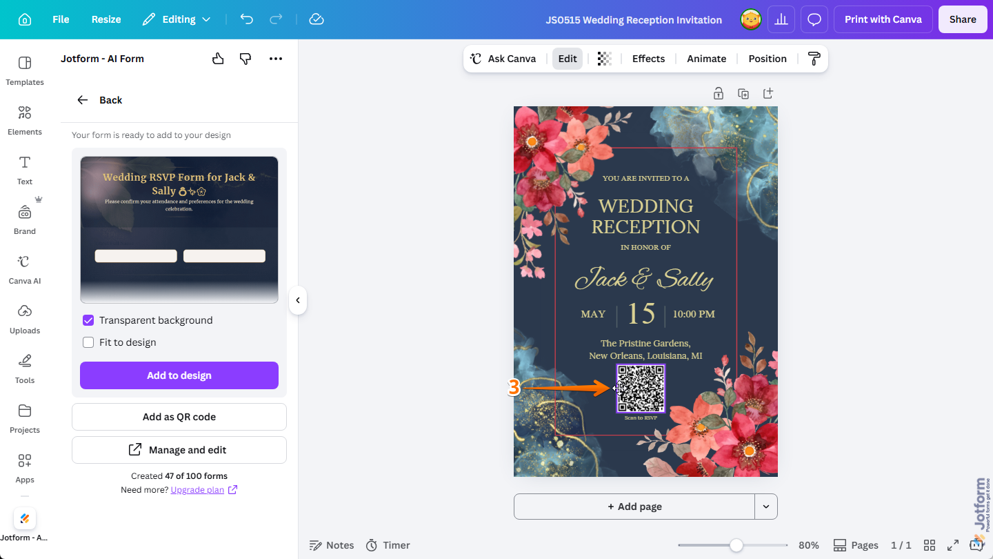 Drag Handle of a Jotform Form QR Code in a design in Canva Design Editor