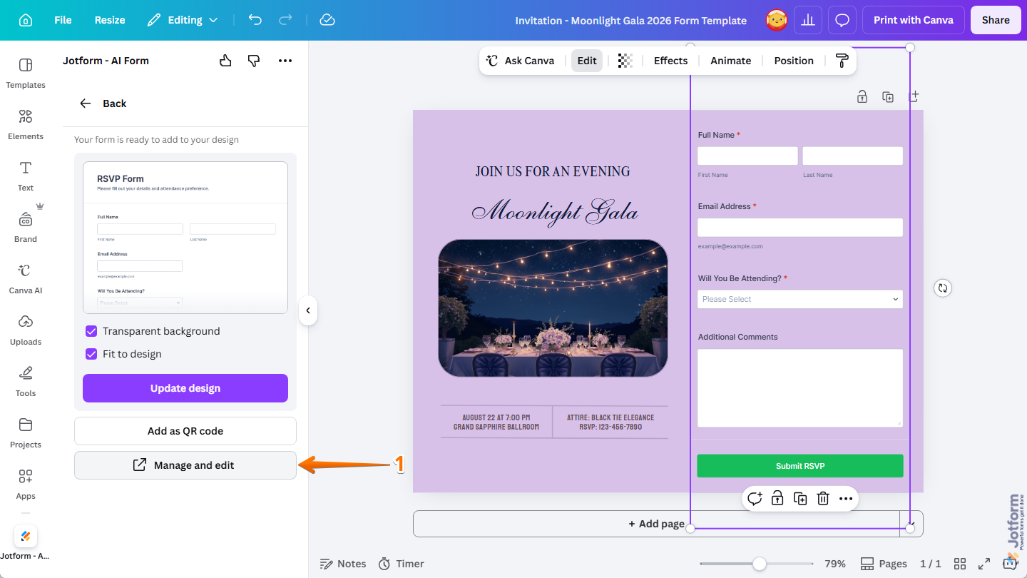 Manage and Edit button in the Jotform Canva App on the Canva Design Editor page