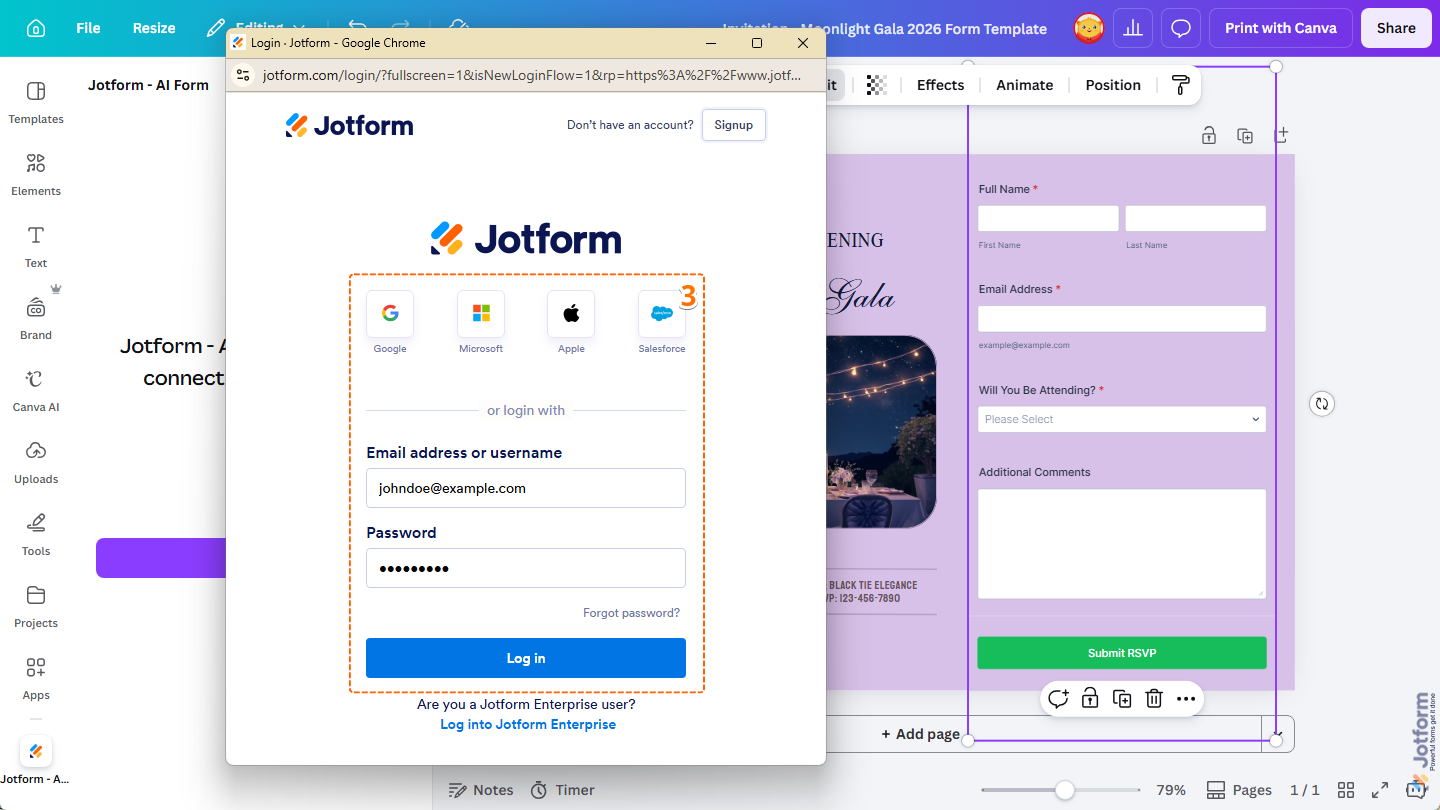 Jotform Login window in the Jotform Canva App on the Canva Design Editor page