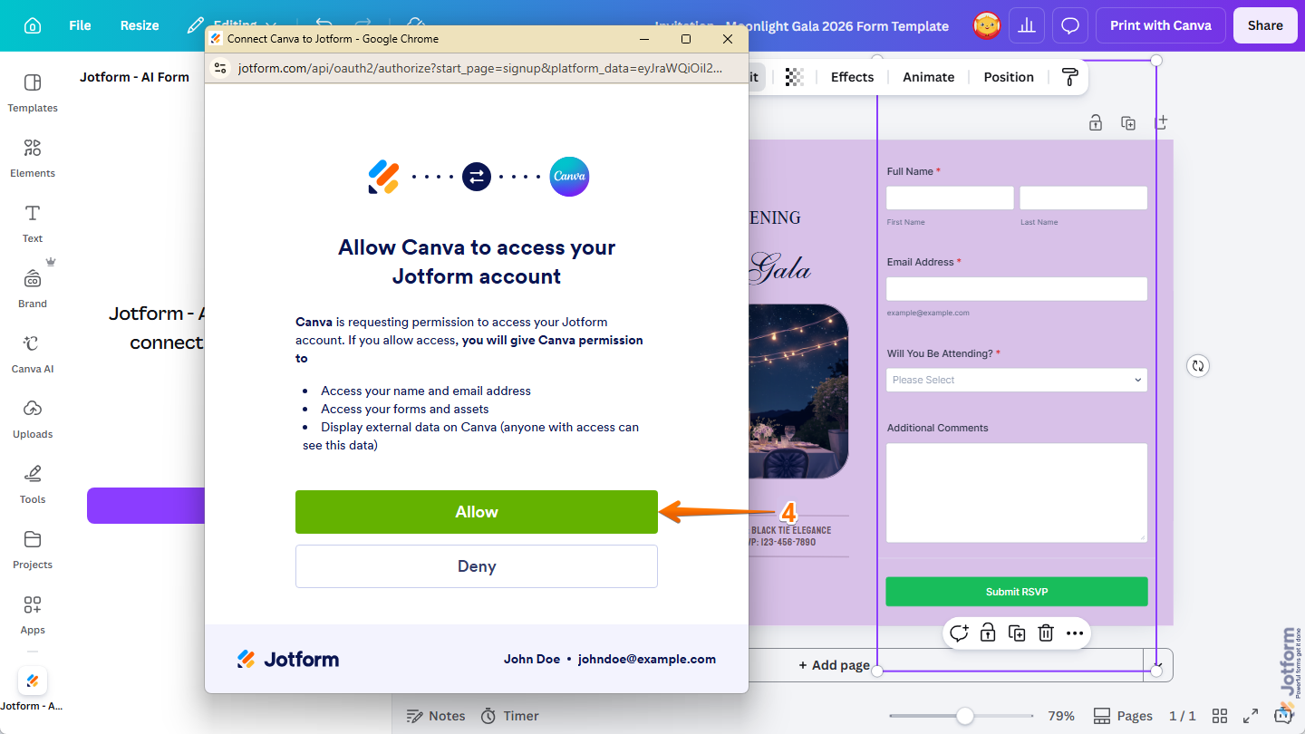 Allow button in the Authorize Canva Access to Jotform Account window in the Jotform Canva App on the Canva Design Editor page