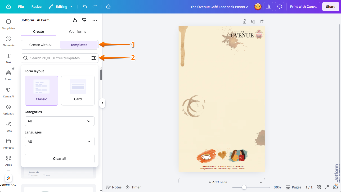 Filter icon in the Templates section under the Create tab in Jotform Canva App on the Canva Design Editor page