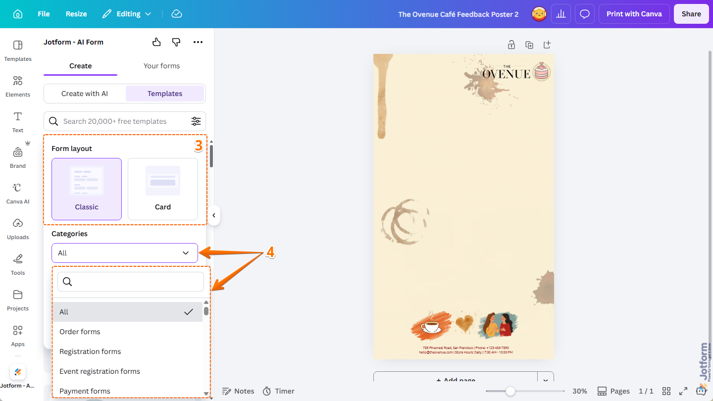 Categories Dropdown menu in the Templates section under the Create tab in Jotform Canva App on the Canva Design Editor page