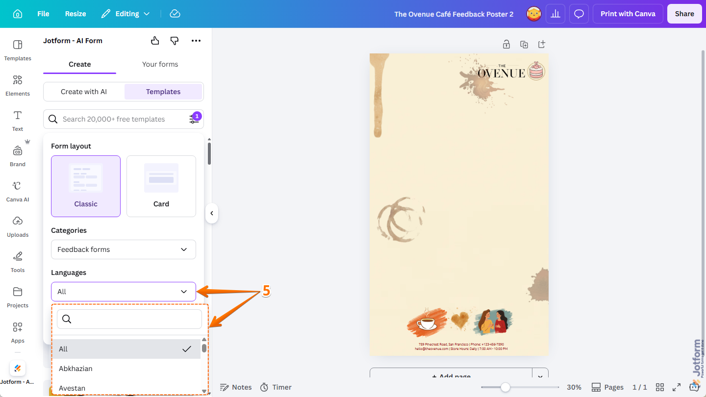 Languages Dropdown menu in the Templates section under the Create tab in Jotform Canva App on the Canva Design Editor page