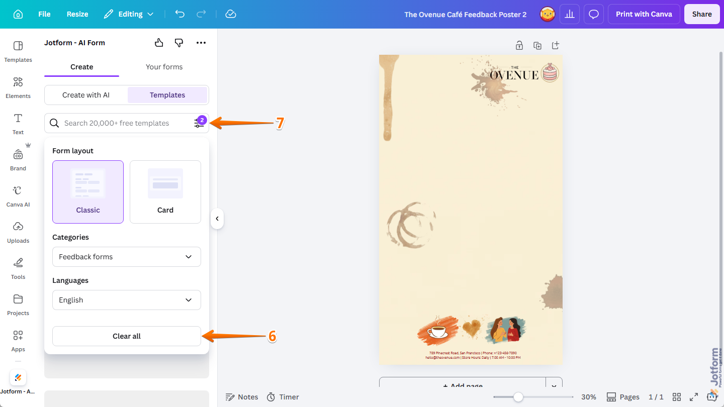 Clear All button in the Filter menu and Filter icon in the Templates section under the Create tab in Jotform Canva App on the Canva Design Editor page