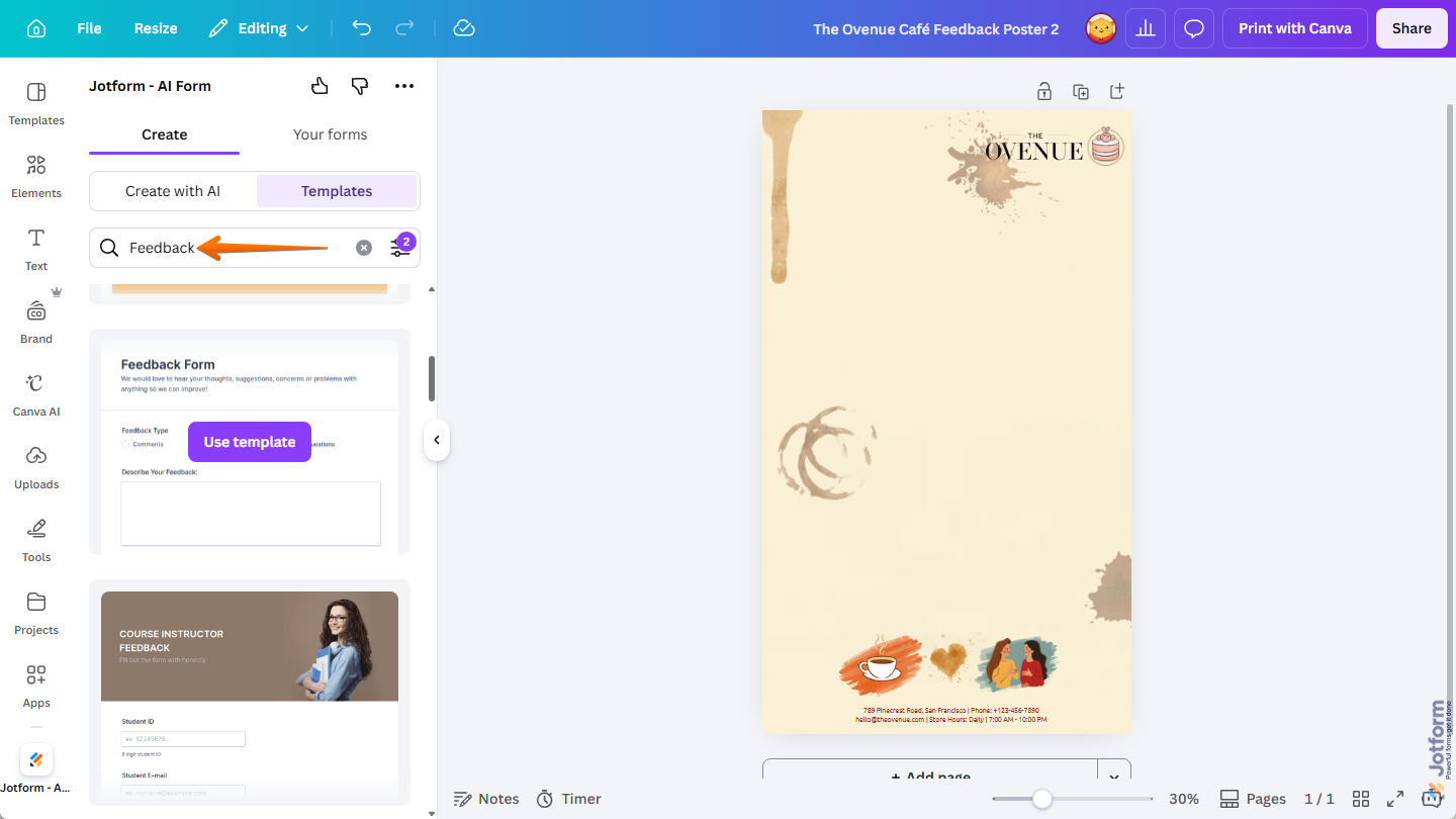 Search from Filtered Results in the Templates section under the Create tab in Jotform Canva App on the Canva Design Editor page