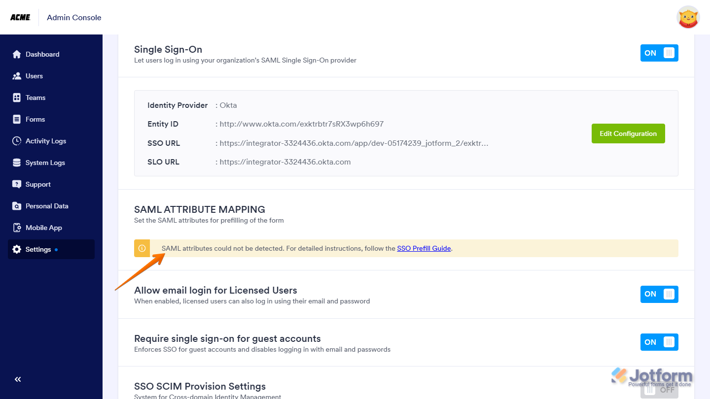 Warning message in Jotform Enterprise SSO settings when SAML attributes are not detected