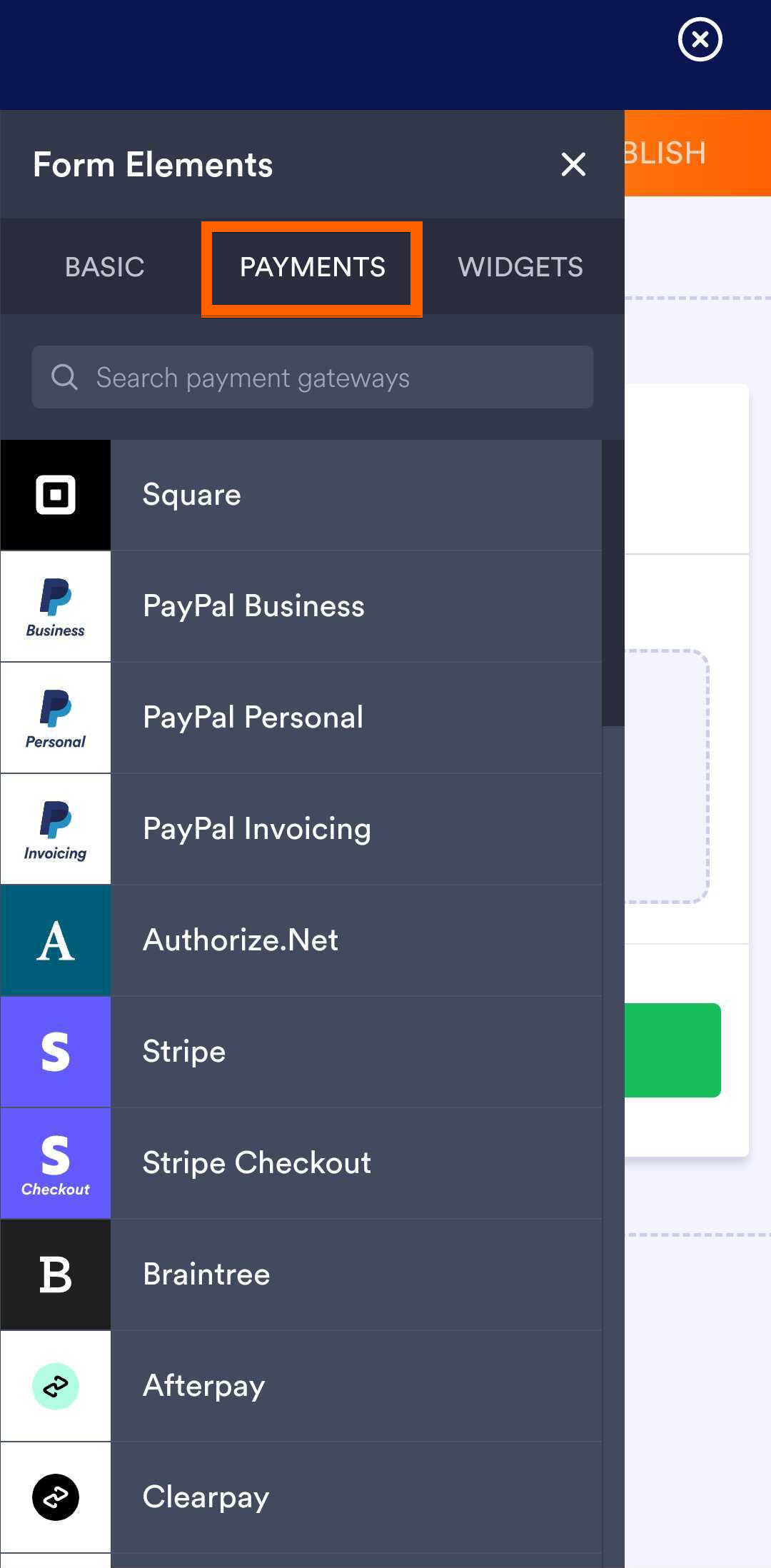 Payments Tab of the Form Elements in Jotform Mobile Forms