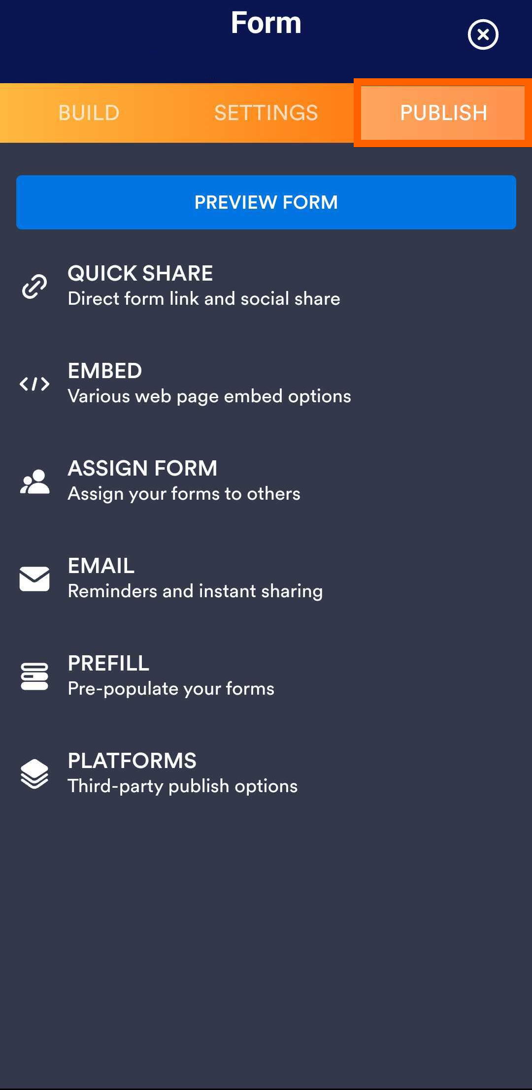 Publish Tab in Jotform Mobile Forms