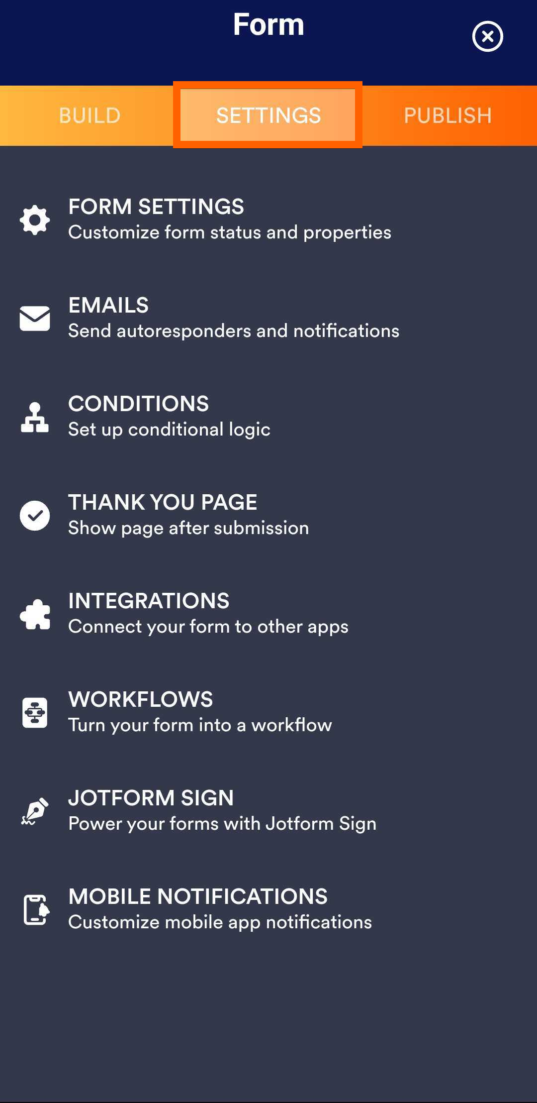 Settings Tab of the Jotform Mobile Forms