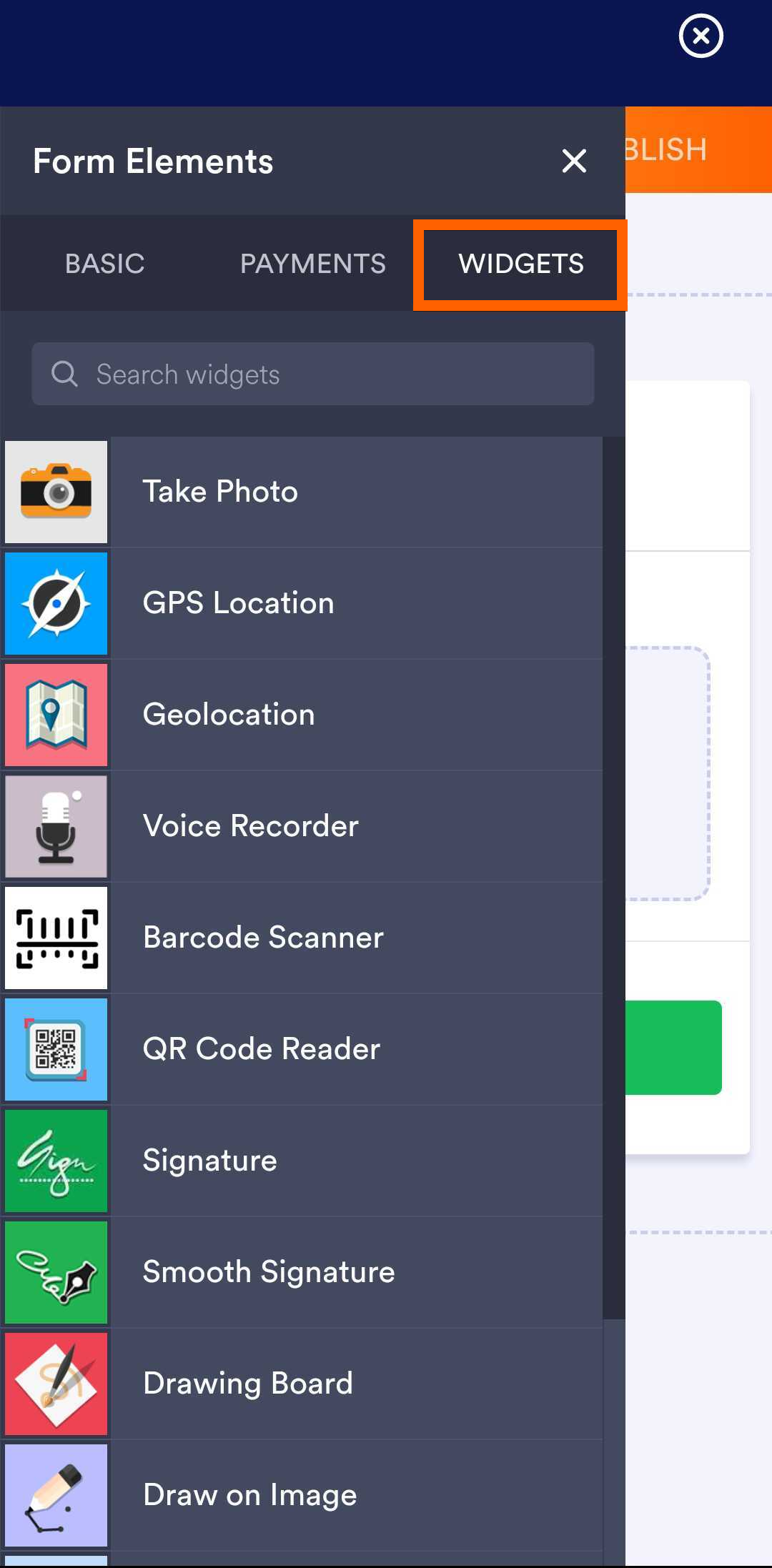Widgets Tab of the Form Elements in Jotform Mobile Forms