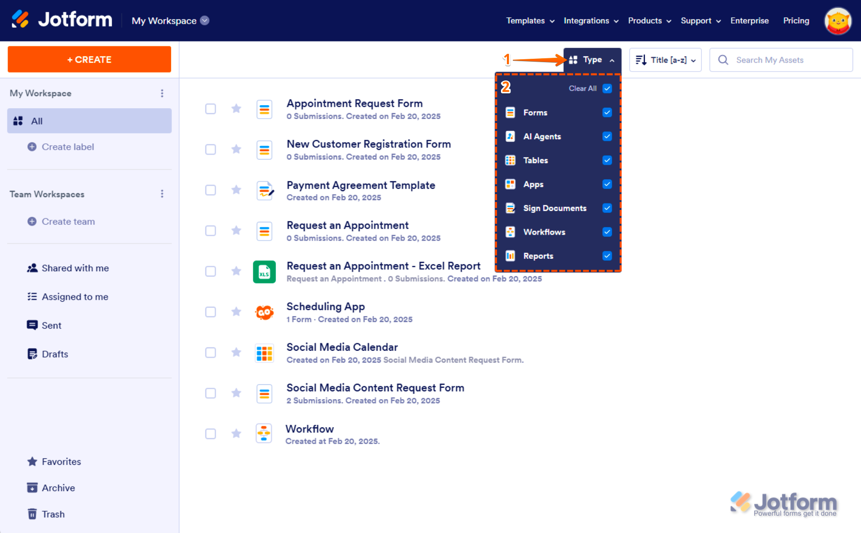 Filtrar el tipo de activo en el espacio de trabajo de Jotform Screenshot 10