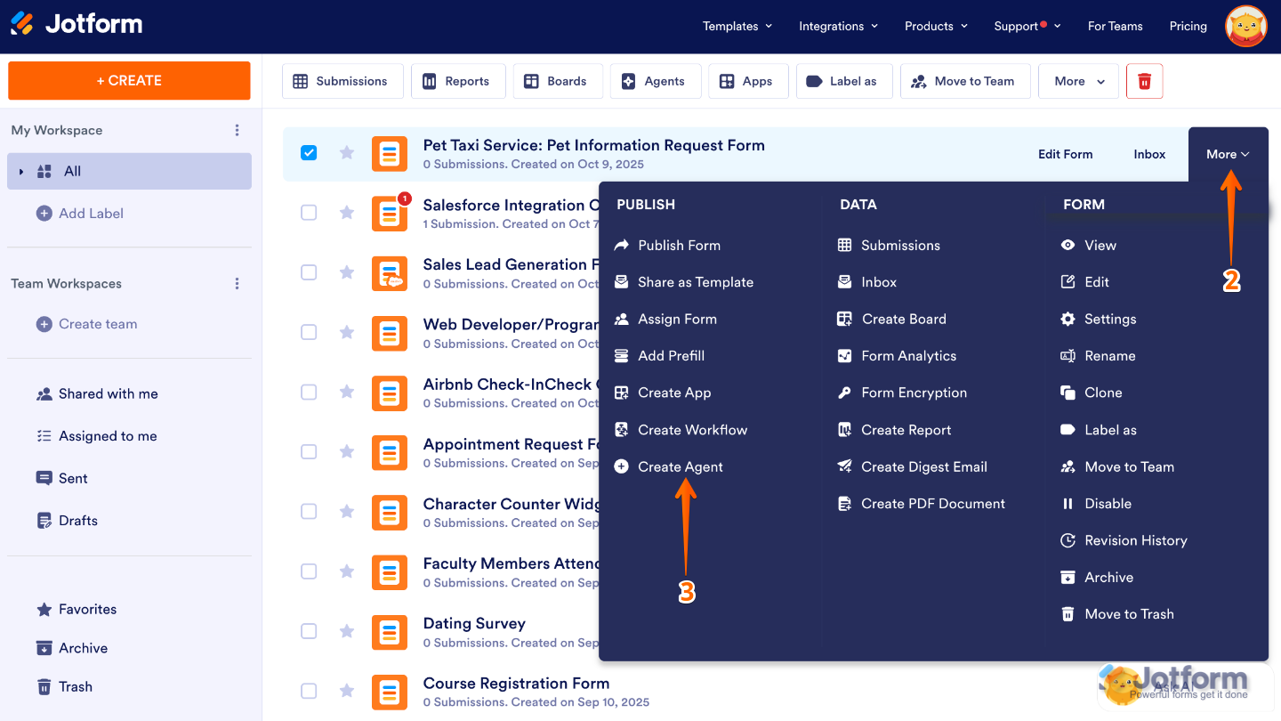 Hovering over a form on the Jotform Workspace page and selecting Create Agent under the Publish column in the More dropdown menu