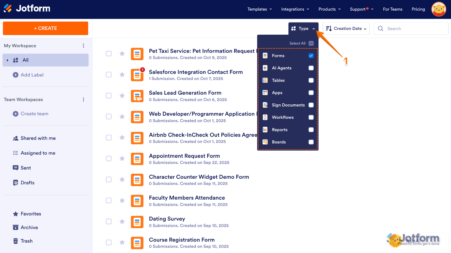 Jotform Workspace page showing the Type dropdown menu with only Forms selected to filter assets
