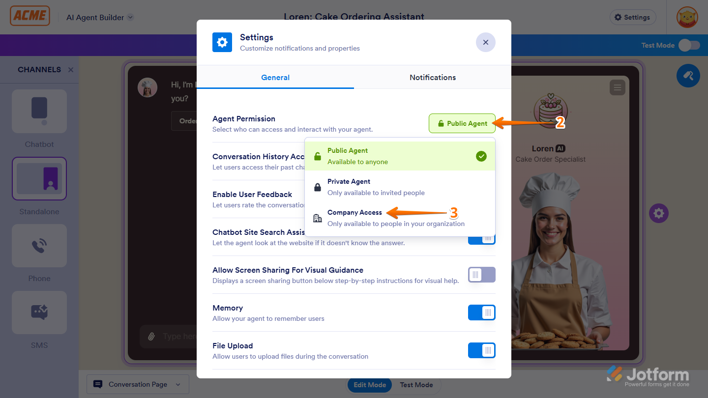 Company Access option in the Agent Permission menu in the Settings window in Jotform AI Agent Builder