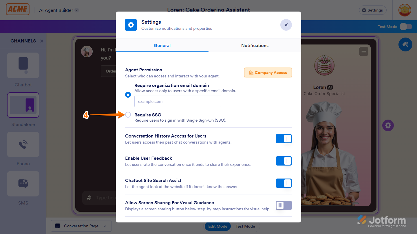 Require SSO option of the Agent Permission setting in the Settings window in Jotform AI Agent Builder