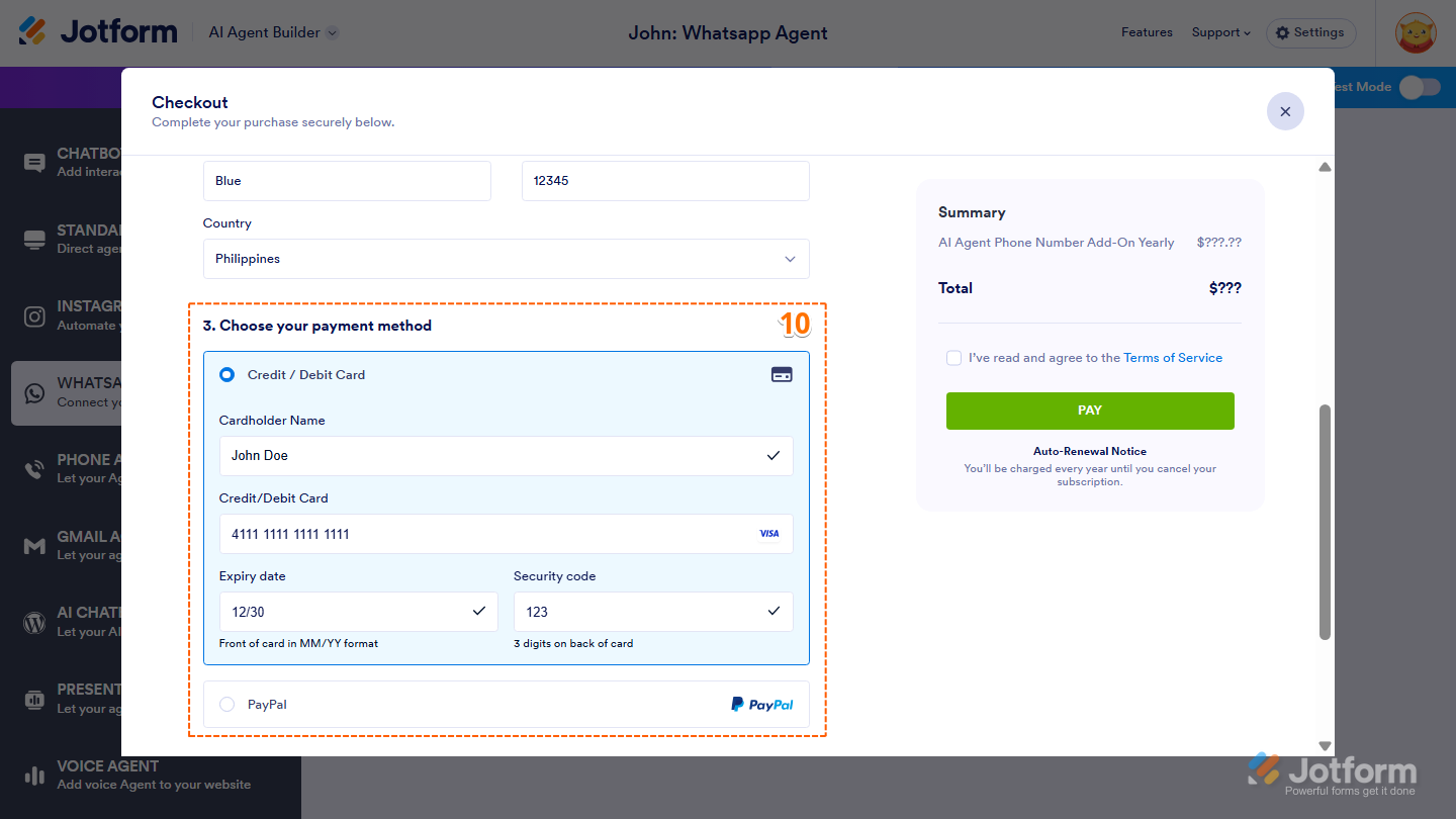 Jotform AI Agent Builder checkout page showing payment method options for Credit/Debit Card and PayPal for purchasing the AI Agent phone number