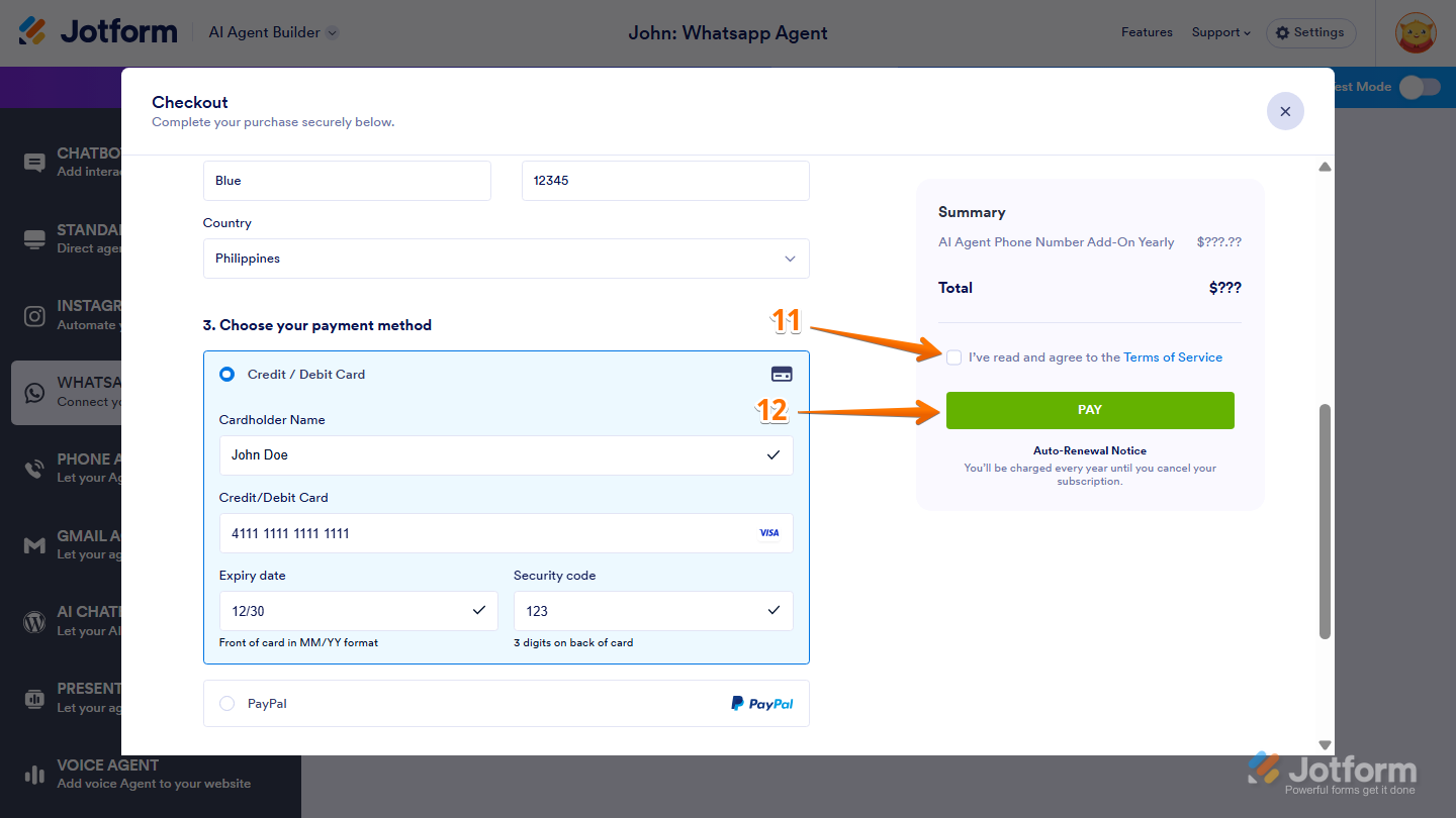 Jotform AI Agent Builder checkout page with the Summary section on the right, showing the Terms of Service agreement checkbox and the Pay button to complete the phone number purchase
