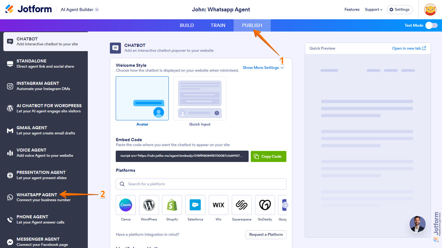 Jotform AI Agent Builder with the Publish button in the blue top navigation bar and the WhatsApp Agent option visible in the left-side menu