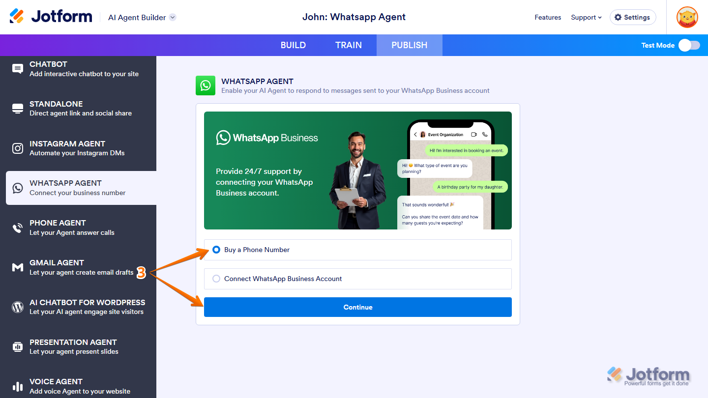 Jotform AI Agent Builder WhatsApp Agent settings with Buy a Phone Number selected and the Continue button available to proceed with purchasing a phone number