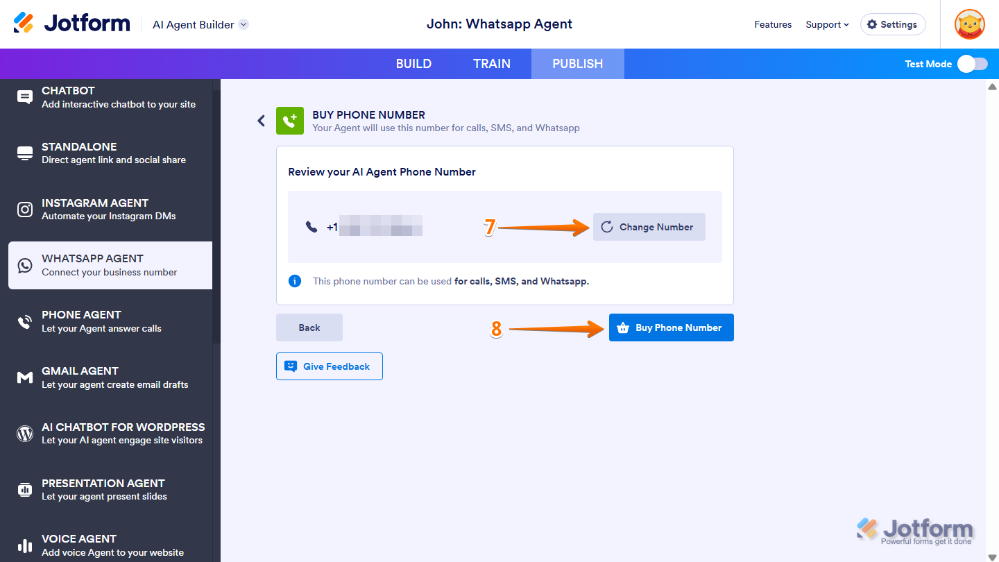 Jotform AI Agent Builder showing the Review your AI Agent Phone Number section with the assigned phone number, Change Number option, and Buy Phone Number button for confirming the purchase