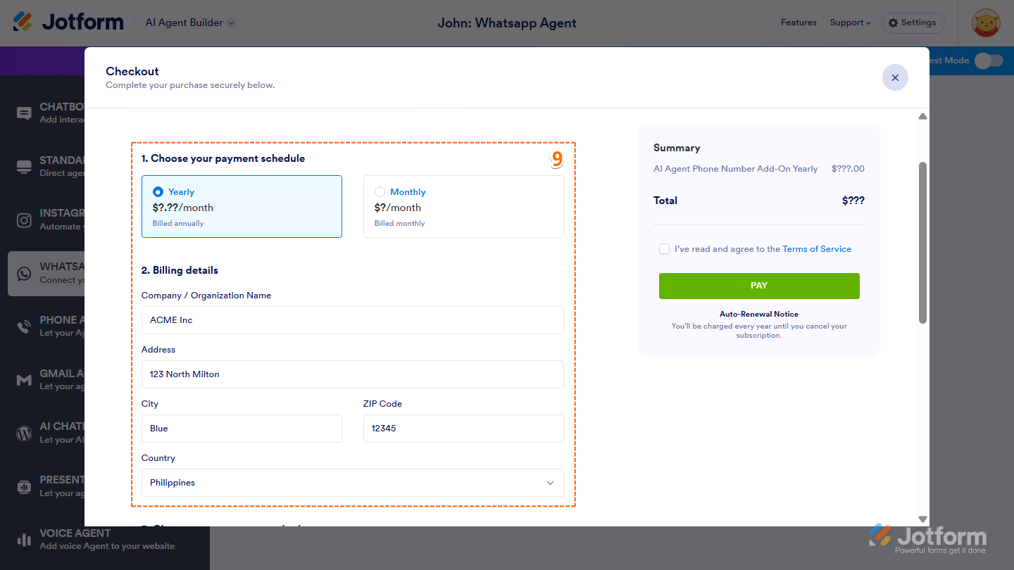 Jotform AI Agent Builder Checkout window showing Monthly and Yearly payment options alongside the Billing details fields for purchasing the AI Agent phone number