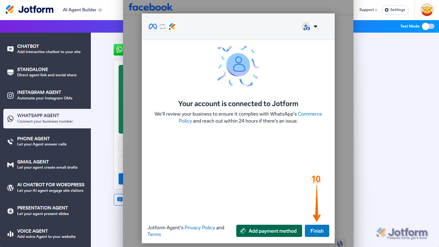Jotform AI Agent Builder WhatsApp connection screen showing the connected WhatsApp Business account and a Finish button to complete the setup