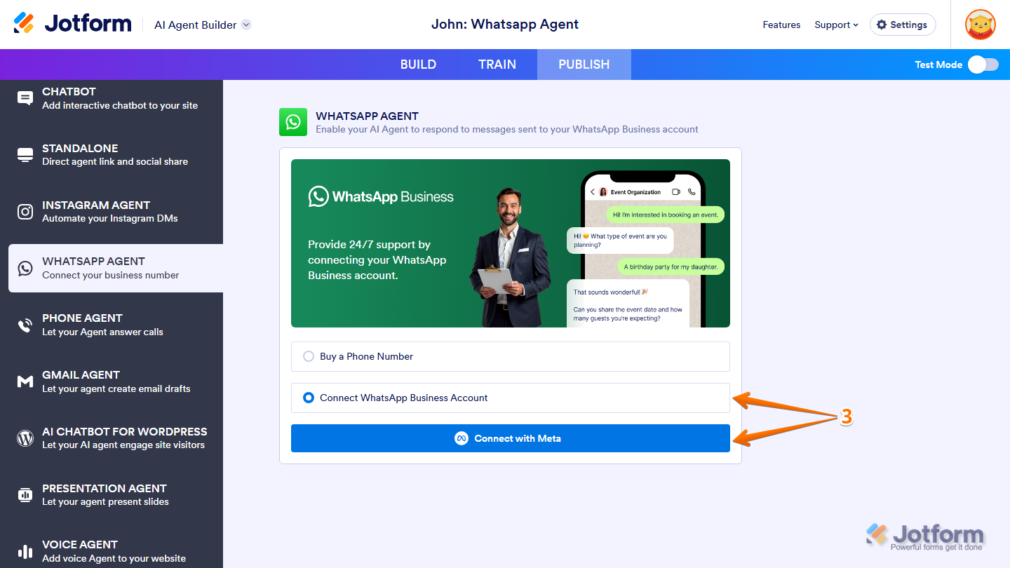 Jotform AI Agent Builder WhatsApp Agent settings showing Connect WhatsApp Business Account selected and the Connect with Meta button available to link a WhatsApp Business account